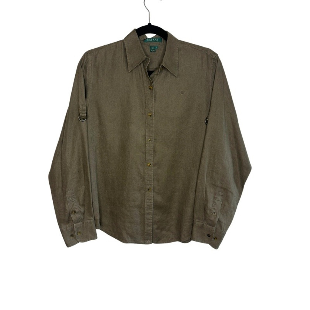 Lauren Ralph Lauren Womens 100% Linen Button Down Shirt Light Brown / Olive S